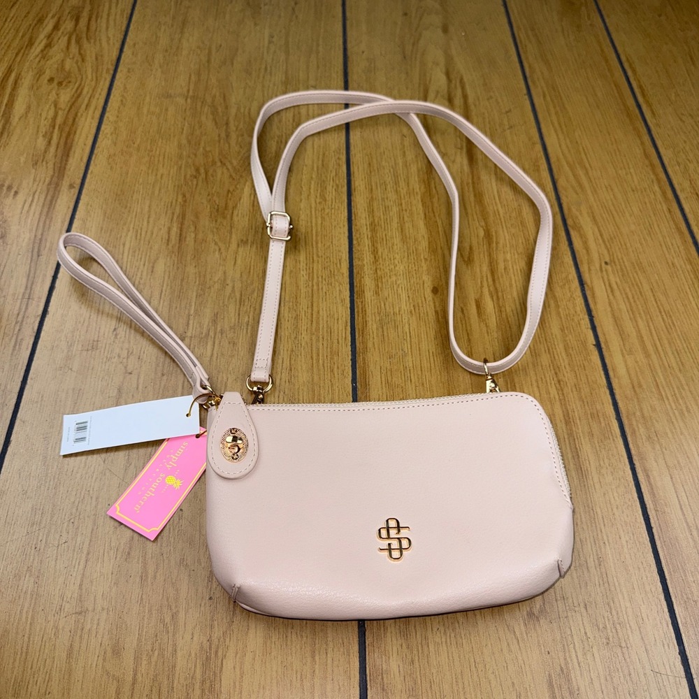 Simply Southern Pink Faux Leather Crossbody Wristlet Bag Gold Logo NEW